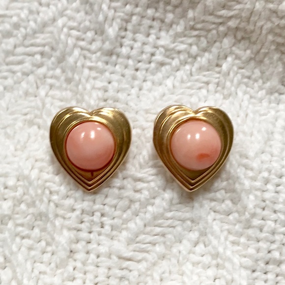 Vintage Peach Coral Hearts Solid 14k Yellow Gold Earrings